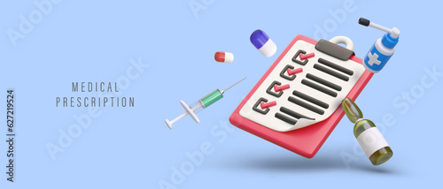 List of medical prescriptions. Realistic pills, capsules, filled syringe, ampoule. Order of taking drugs. Medical appointments. Concept on blue background