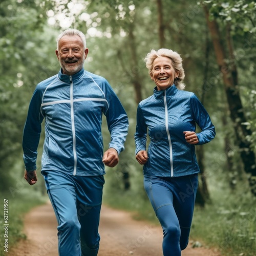 Happy senior couple jogging in the forest in matching sports costumes. Cheerful middle aged partners on a walk in the woods. Beautiful elderly couple outdoors on a chilly spring day.