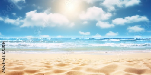 Summer background  nature of tropical golden beach with rays of sun light. Golden sand beach  sea water against blue sky with white clouds. Copy space  summer vacation concept