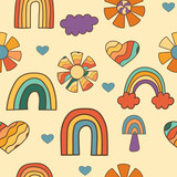 Abstract vector seamless pattern in groovy retro style, hand drawn retro elements (rainbow, heart, daisy), groovy background