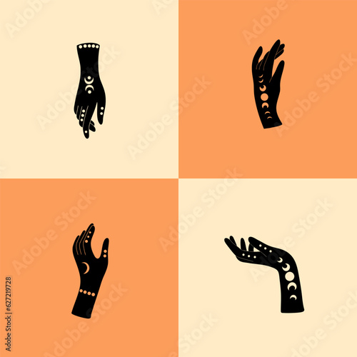 Pre-made art poster with female mystical hands in linocut style; vector illustration set with hand gestures