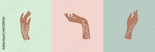 Pre-made art poster with female floral hands in linocut style; vector illustration set with hand gestures