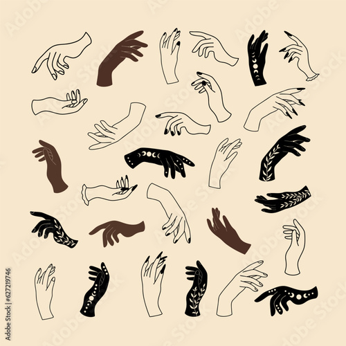 Female mystical hands in a minimalistic linear style; vector illustration with hand gestures