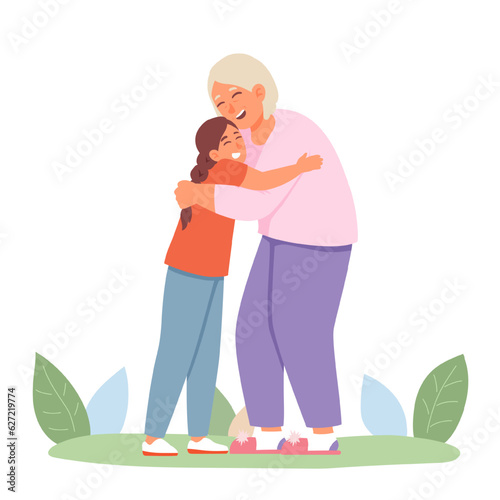 Smiling girl standing with grandma, enjoying meeting. Happy family meet outside. Grandmother with grandchild hugging each other. Flat vector illustration in cartoon style