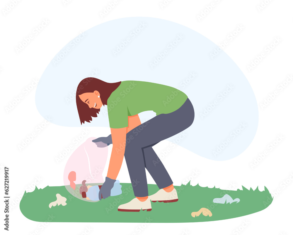 Woman in protective gloves collecting garbage outside. Help and care of environment. Volunteer care of nature. Flat vector illustration in green colors in cartoon style