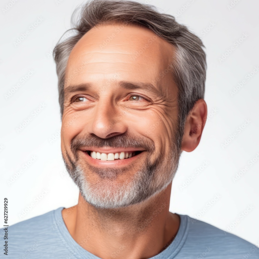 Closeup face of a handsome middle-aged man smiling at camera on white background. Portrait of a happy middle aged white man with grey hair. Front view, happy handsome man in blue shirt looking away Closeup face of a handsome middle-aged man smiling at camera on white background. Portrait of a happy middle aged white man with grey hair. Front view, happy handsome man in blue shirt looking away