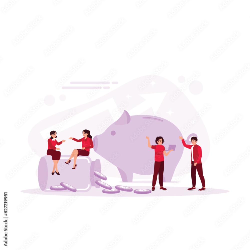 Piggy banks and glass jars with coins were scattered around the scene. Saving or accumulation of money, Financial Services, Deposit concept. Trend Modern vector flat illustration