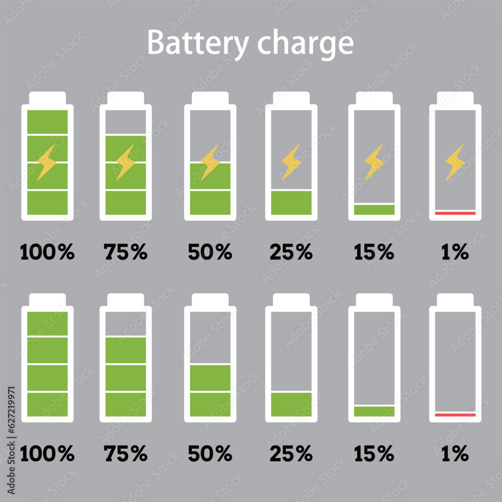 Battery charge level set vector illustration. Battery charging from 1%, 15%, 25%, 50%, 75%, 100%. Battery Charge Indicator icons. Battery charge level set vector illustration. Battery charging from 1%, 15%, 25%, 50%, 75%, 100%. Battery Charge Indicator icons.