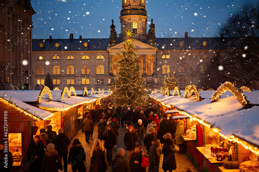 Crowds of People Visiting Christmas Market Striezelmarkt in Dresden, Germany - Festive Holiday Gathering and Traditions. created with Generative AI