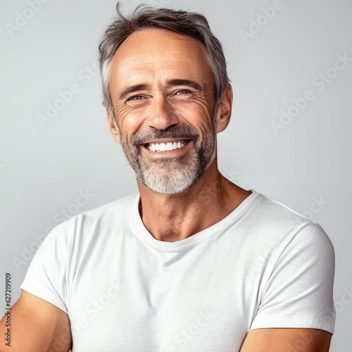 Portrait of a happy middle aged white man with grey hair. Closeup face of a handsome middle-aged man smiling at camera on white background. Front view, happy handsome man in white shirt looking camera