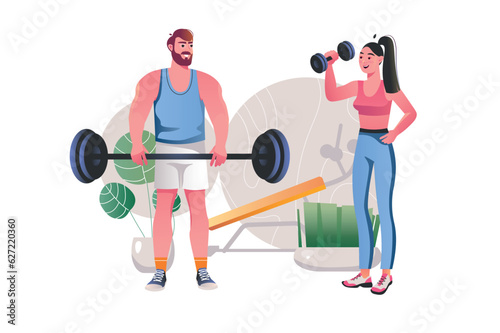 Fitness gym concept with people scene in the flat cartoon style. Young couple doing sports together in the gym. Vector illustration.