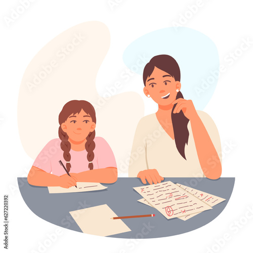 Student sitting near female teacher, listening and writing. Woman talking and teaching. Studying in school, learn and develop. Homework concept. Vector flat illustration in cartoon style