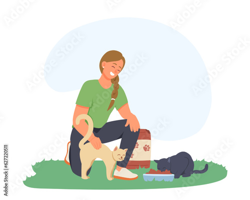 Lady in uniform feeding cats, helping to homeless pets. Help and care of animals. Volunteer care of homeless pets. Flat vector illustration in green colors in cartoon style