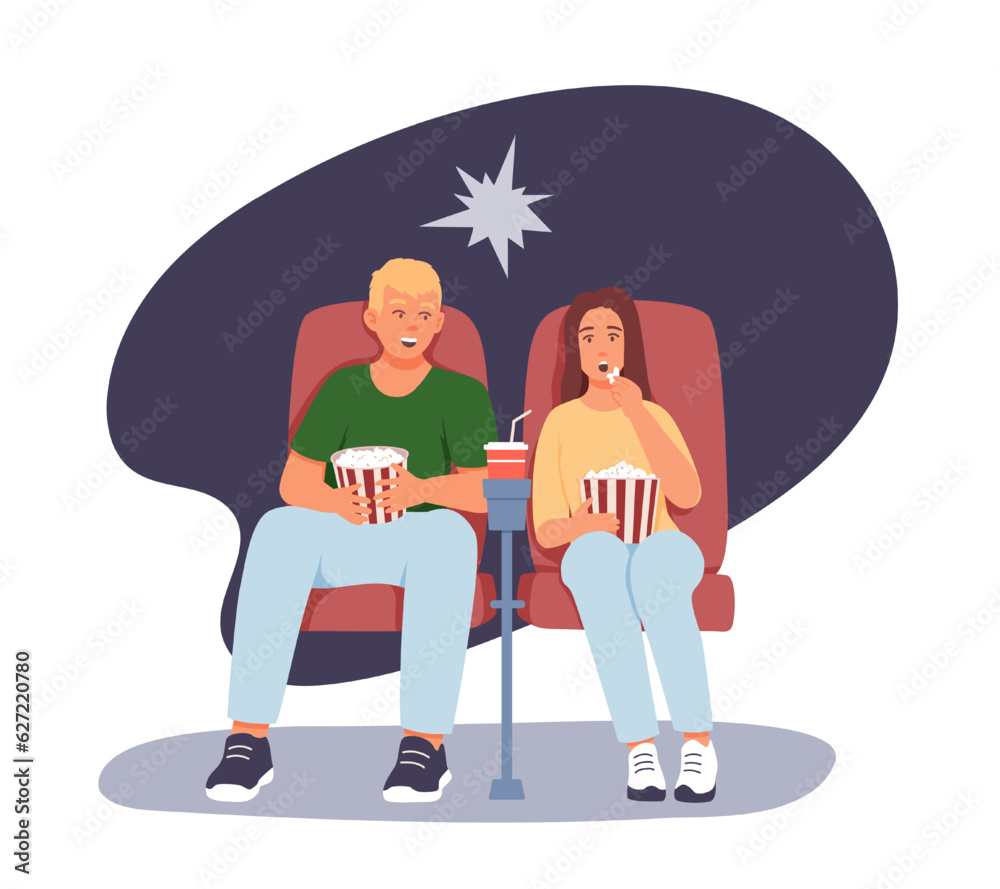Man and woman sitting in cinema, eating popcorn. Friends meeting. Happy couple spending time together. Time for dating and talk. Flat vector illustration in cartoon style