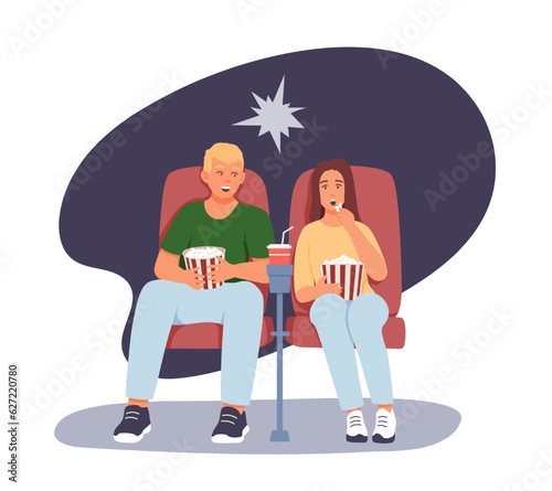 Man and woman sitting in cinema, eating popcorn. Friends meeting. Happy couple spending time together. Time for dating and talk. Flat vector illustration in cartoon style