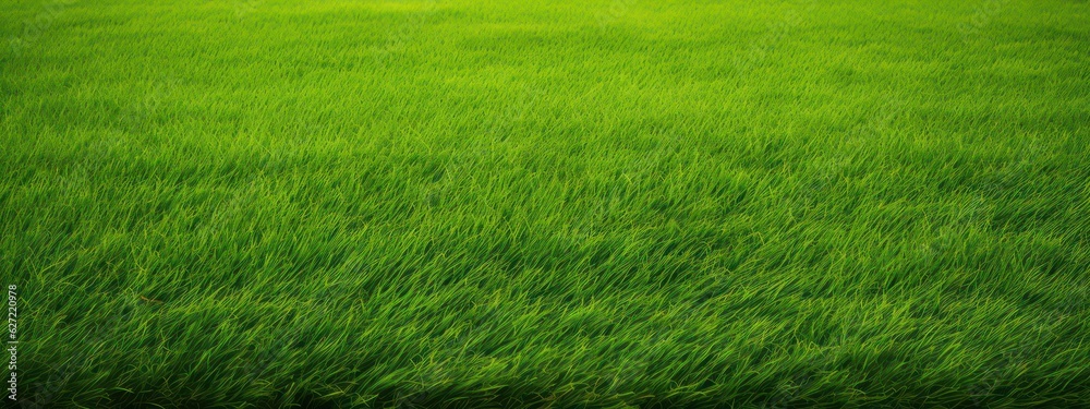 Wide format background image of a green carpet of neatly trimmed grass ...