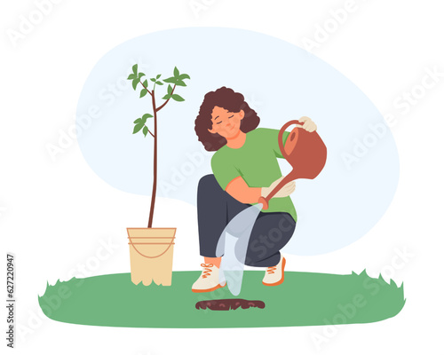 Lady holding watering can and planting tree. Help and care of environment. Volunteer care of nature concept. Flat vector illustration in green colors in cartoon style