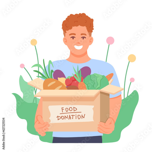 Man holding box with food donation, ready to help people in need. Help and care for people in need with different food. Flat vector illustration in green colors in cartoon style
