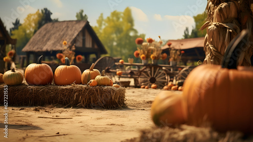 Photographie Fall country charm with pumpkin fields and haystacks