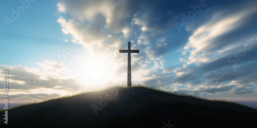 Cross on a sky background with copy space © Faith Stock
