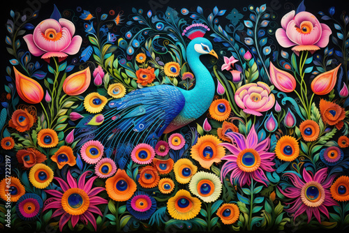 a peacock scene in a field of colorful flowers  colored oil paintings  and conceptual embroideries
