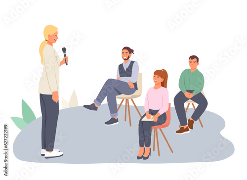 Young workers listening speaker in conference room. Conference for different workers. Project presentation, collective meeting. Vector flat illustration in cartoon style