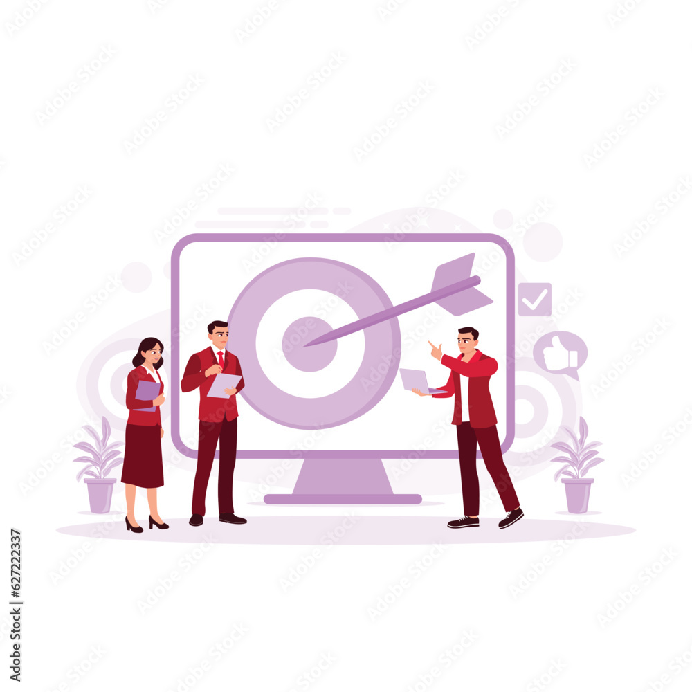 Business missions. Business people in front of a big screen presenting the business vision and Mission. Trend Modern vector flat illustration