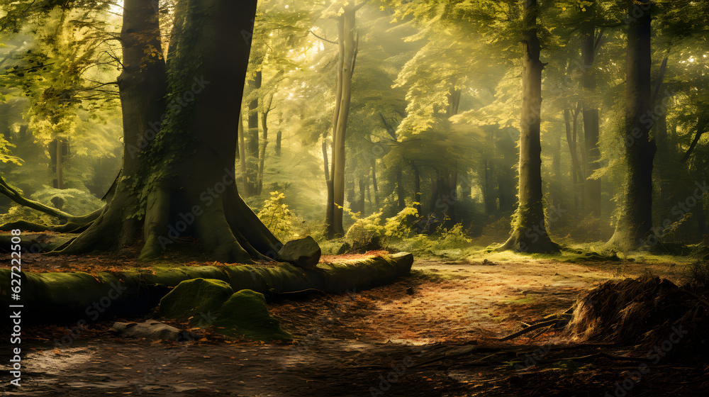 Obraz premium beautiful forest with sunlight through the trees