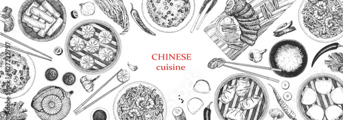 Chinese Restaurant Menu. Hand-drawn illustration of dishes and products. Ink. Vector
