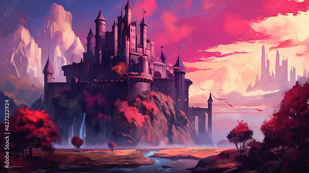 Landscape with fantasy castle. Illustration with magic castle kingdom cartoon background