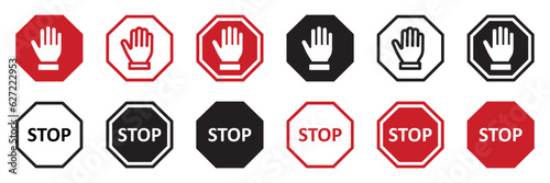 Set of red STOP signs. Stop hand, warning stop icons. Human palm, roadside, do not enter, prohibition sign, stop symbol, hand. Vector.