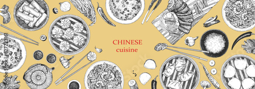 Chinese Restaurant Menu. Hand-drawn illustration of dishes and products. Ink. Vector