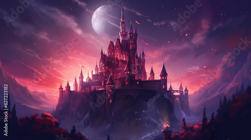 Landscape with fantasy castle and moon. Illustration with magic castle kingdom cartoon background.