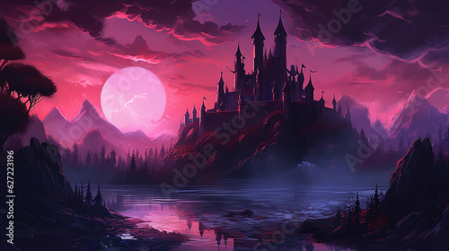 Landscape with fantasy castle and moon. Illustration with magic castle kingdom cartoon background.