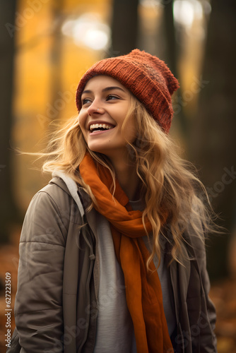 Portrait of young happy smiling girl in autumn park, positive cheerful young woman enjoying a walk outdoors in autumn forest
