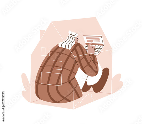 Girl with laptop at home. Woman freelancer, remote freelance worker working o...
