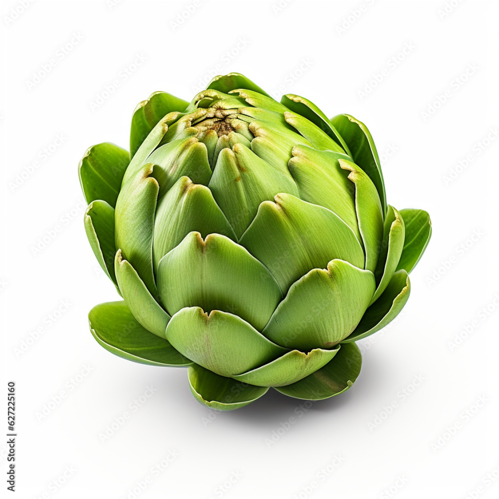 Obraz premium Green artichoke close-up on a white background, Al Generation