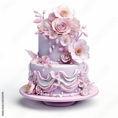 cake in soft pink flowers on a white background, Al Generation © Anet_foto