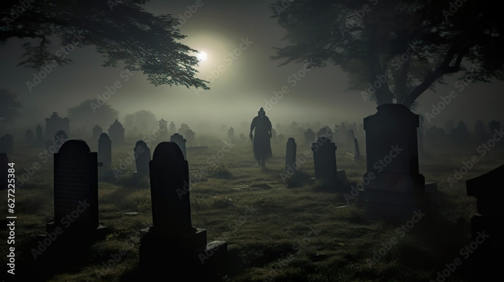 Haunted graveyard under full moon