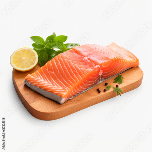 salmon fillet on a board with lemon on a white background, Al Generation