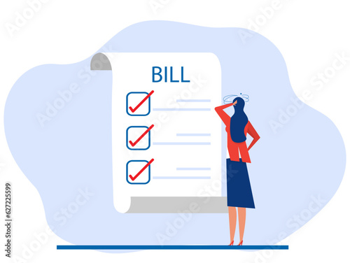 woman stress or Shocked  bill Big expenses and financial problem debt concept. Flat vector illustration