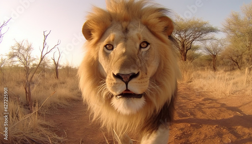 lion close up walking straight towards camera made with Generative AI