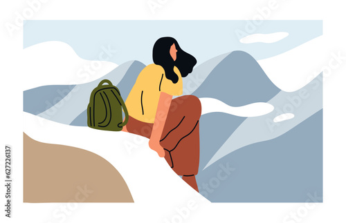 Hiker sitting on rock top, cliff. Woman climber with backpack on high mountain peak. Tourist in adventure, hiking. Explorer enjoying nature view, landscape, freedom. Flat vector illustration