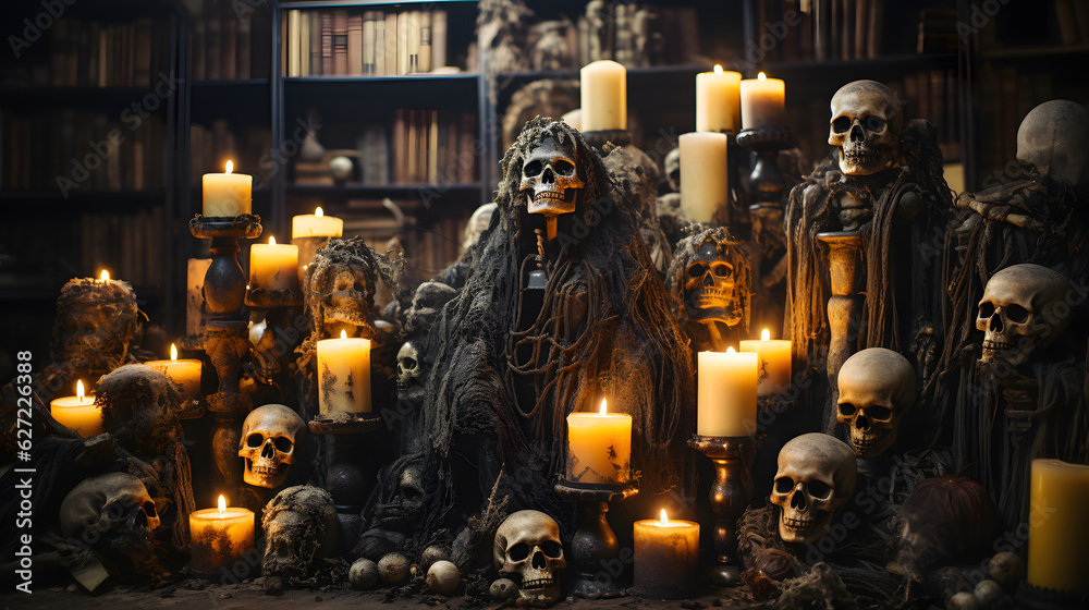 Fototapeta premium Haunted Halloween: Bone-Chilling Scenes - Scary, Halloween scene, Bone-chilling, Eerie atmosphere, Sinister creatures, Darkness, Shadows, Skeleton, Skull, Candles, Flickering candles, Ghosts