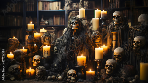 Haunted Halloween: Bone-Chilling Scenes - Scary, Halloween scene, Bone-chilling, Eerie atmosphere, Sinister creatures, Darkness, Shadows, Skeleton, Skull, Candles, Flickering candles, Ghosts © dkornelia