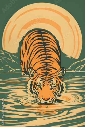 Obraz na płótnie Ilustración Tigre vintage en el río