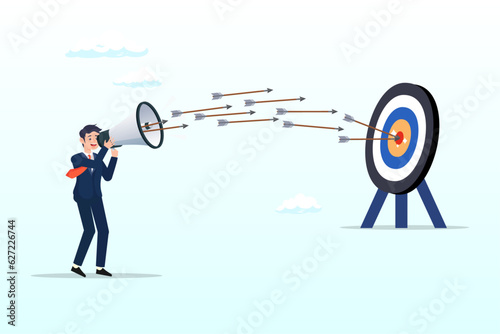 Businessman marketer talk on megaphone with archer hit target bullseye, communicate or advertising to target audience, marketing campaign or promotion to hit business goal or target customer (Vector)