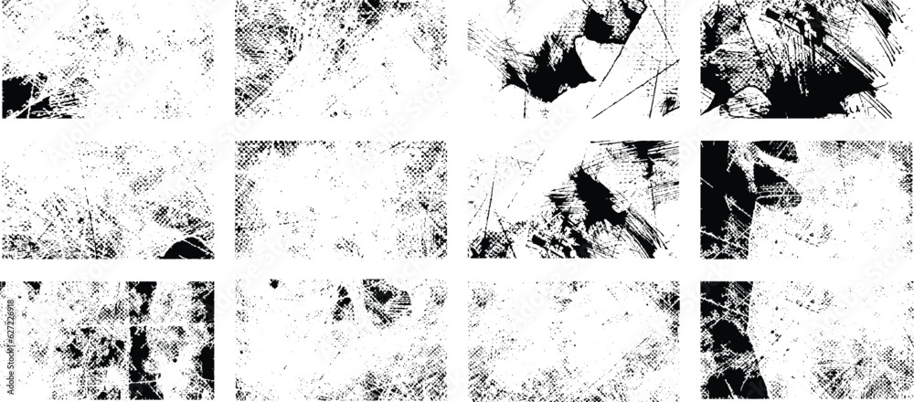 Overlay textures set stamp with grunge effect. Old damage Dirty grainy and scratches. Set of different distressed black grain texture. Distress overlay vector textures. Overlay textures set stamp with grunge effect. Old damage Dirty grainy and scratches. Set of different distressed black grain texture. Distress overlay vector textures.