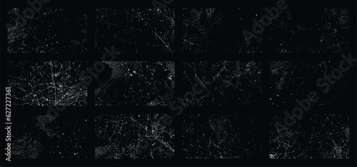 Overlay textures set stamp with grunge effect. Old damage Dirty grainy and scratches. Set of different distressed black grain texture. Distress overlay vector textures. 