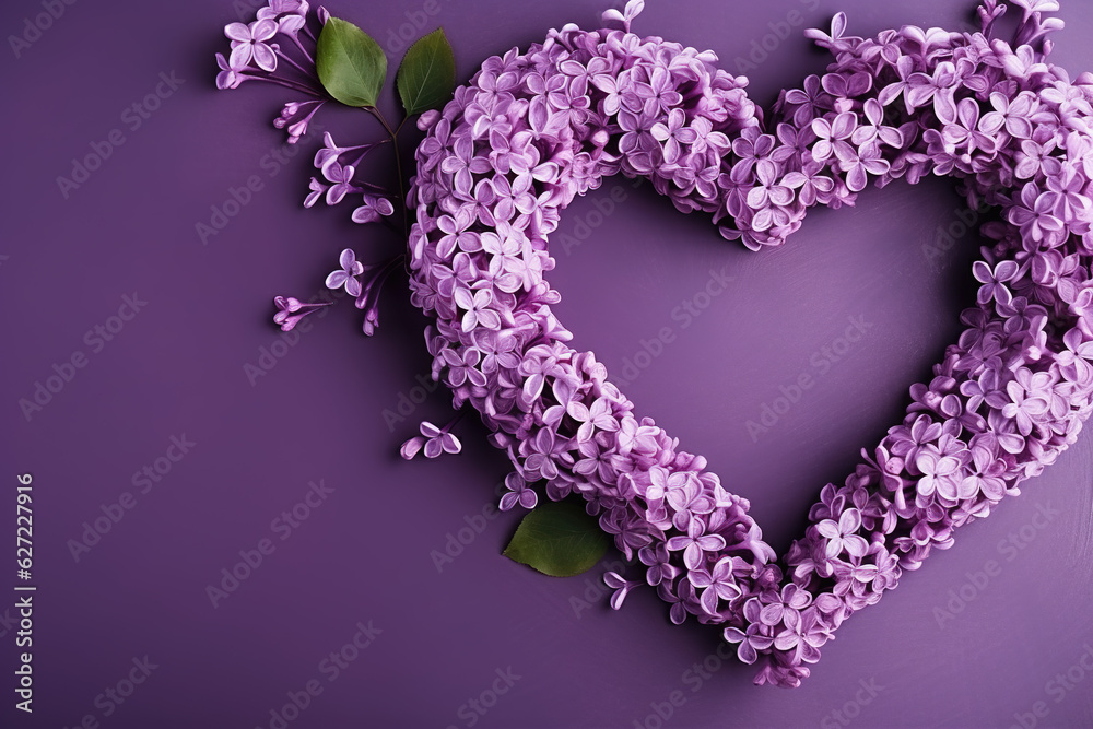 heart of lilac flowers on light purple background